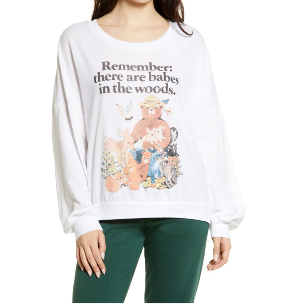 Bp. Women's‎ Smokey Bear Drop Shoulder Long Sleeve T-Shirt in White XS MSRP $49